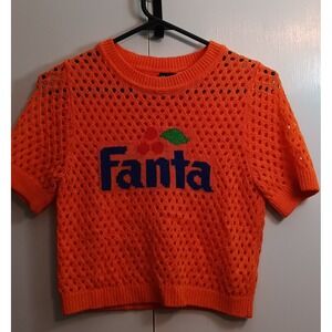 womens crop top sweater xs fanta soda graphic mesh novelty y2k 90s retro crochet